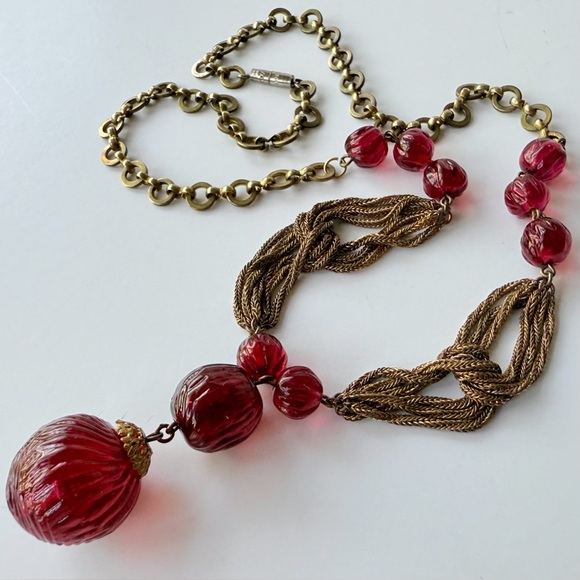 Vintage Jewelry - Vintage Louis Rousselet French Couture Red Glass Melon Bead Drop Chain Necklace